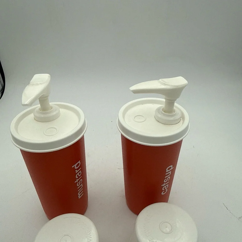 VTG 70’s Tupperware Catsup & Mustard Orange Containers W/ Pump And Lids